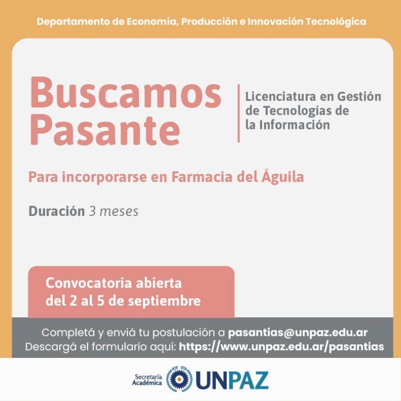 CONVOCATORIA ABIERTA A PASANTÍA EN FARMACIAS DEL ÁGUILA - UNPAZ