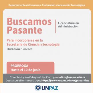     CONVOCATORIA ABIERTA A PASANTÍA EN LA SECRETARÍA DE CIENCIA Y TECNOLOGÍA - UNPAZ