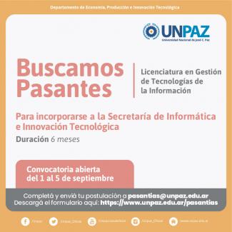 CONVOCATORIA ABIERTA A PASANTÍA EN LA SECRETARÍA DE INFORMACIÓN E INNOVACIÓN TECNOLÓGICA - UNPAZ