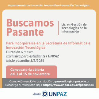 CONVOCATORIA ABIERTA A PASANTÍA EN LA SECRETARÍA DE INFORMÁTICA E INNOVACIÓN TECNOLÓGICA