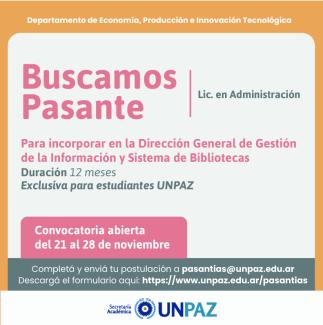 CONVOCATORIA ABIERTA A PASANTÍA EN LA DIRECCIÓN GENERAL DE GESTIÓN DE LA INFORMACIÓN Y SISTEMA DE BIBLIOTECAS