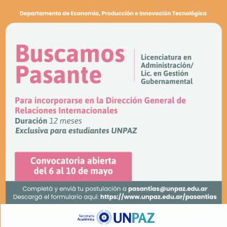 CONVOCATORIA ABIERTA A PASANTÍA EN LA DIRECCIÓN GENERAL DE RELACIONES INTERNACIONALES - UNPAZ