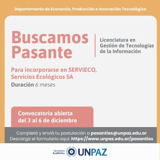 CONVOCATORIA ABIERTA A PASANTÍA EN SERVIECO, SERVICIOS ECOLÓGICOS SA - UNPAZ