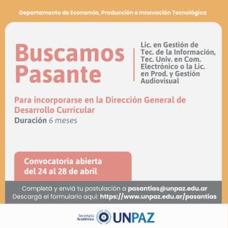 CONVOCATORIA ABIERTA A PASANTÍA EN LA DIRECCIÓN GENERAL DE DESARROLLO CURRICULAR - UNPAZ